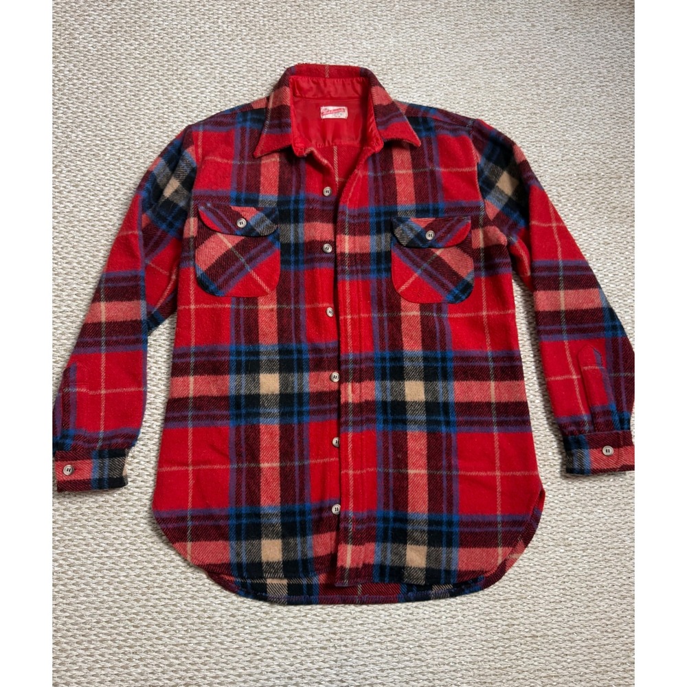 Vintage Handmade Red Buffalo Plaid Wool Flannel Shirt Heavyweight jacket